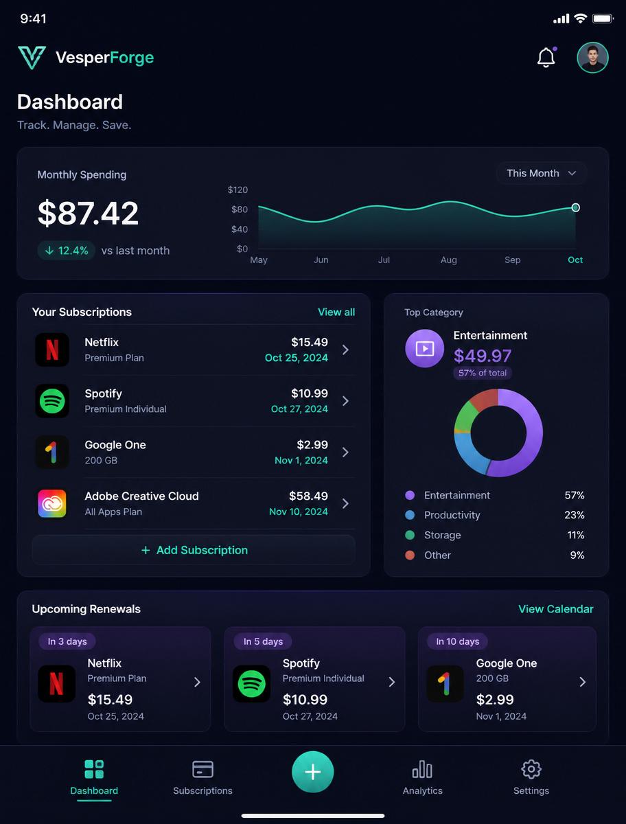 VesperForge app dashboard showing subscriptions, spending chart, and upcoming renewals